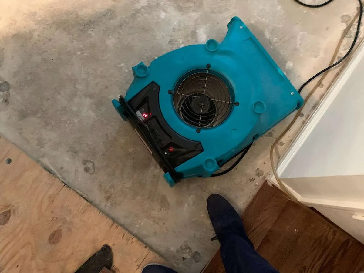 Air mover drying subfloor during Commercial Water Damage Restoration in Eidson Road